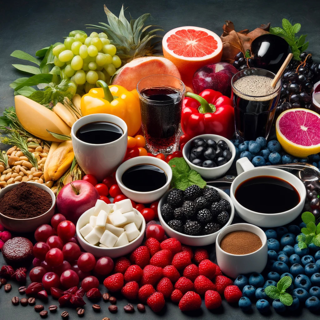 Colorful display of teeth-staining foods such as coffee, red wine, berries, dark soda, and soy sauce on a dark kitchen counter.